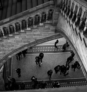 Foto taget uppifrån av anrik universitetsmiljö där en trappa syns och siluetter av människor  på nedervåningen. 